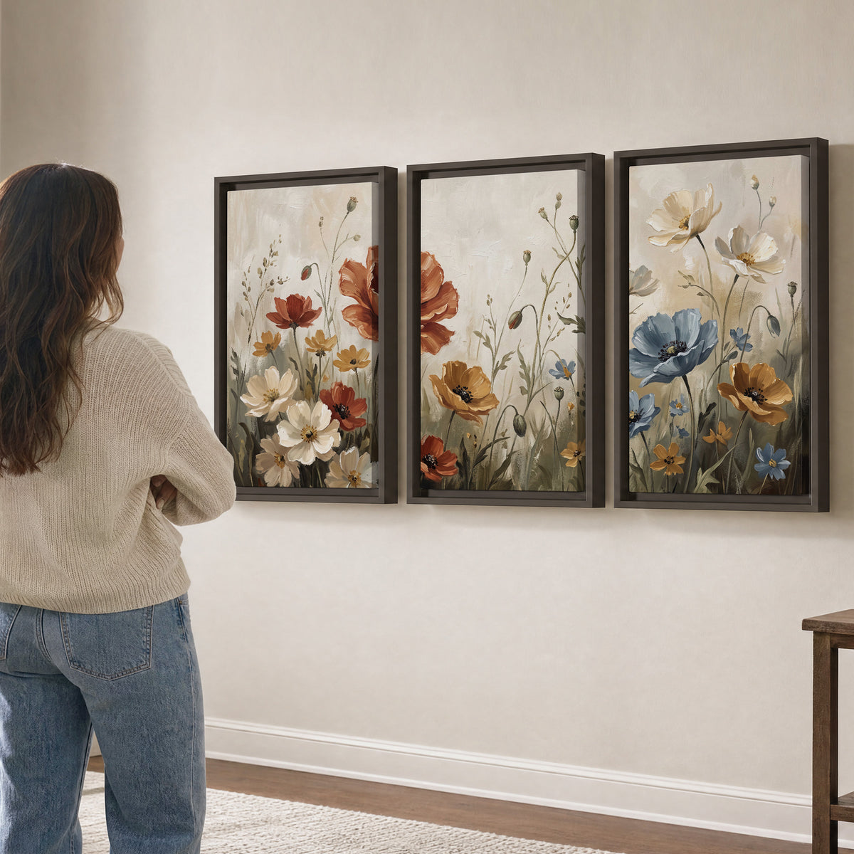 Rust red, pale blue and ivory flowers with delicate meadow stems 3 piece framed canvas wall art three panel arrangement on a wall