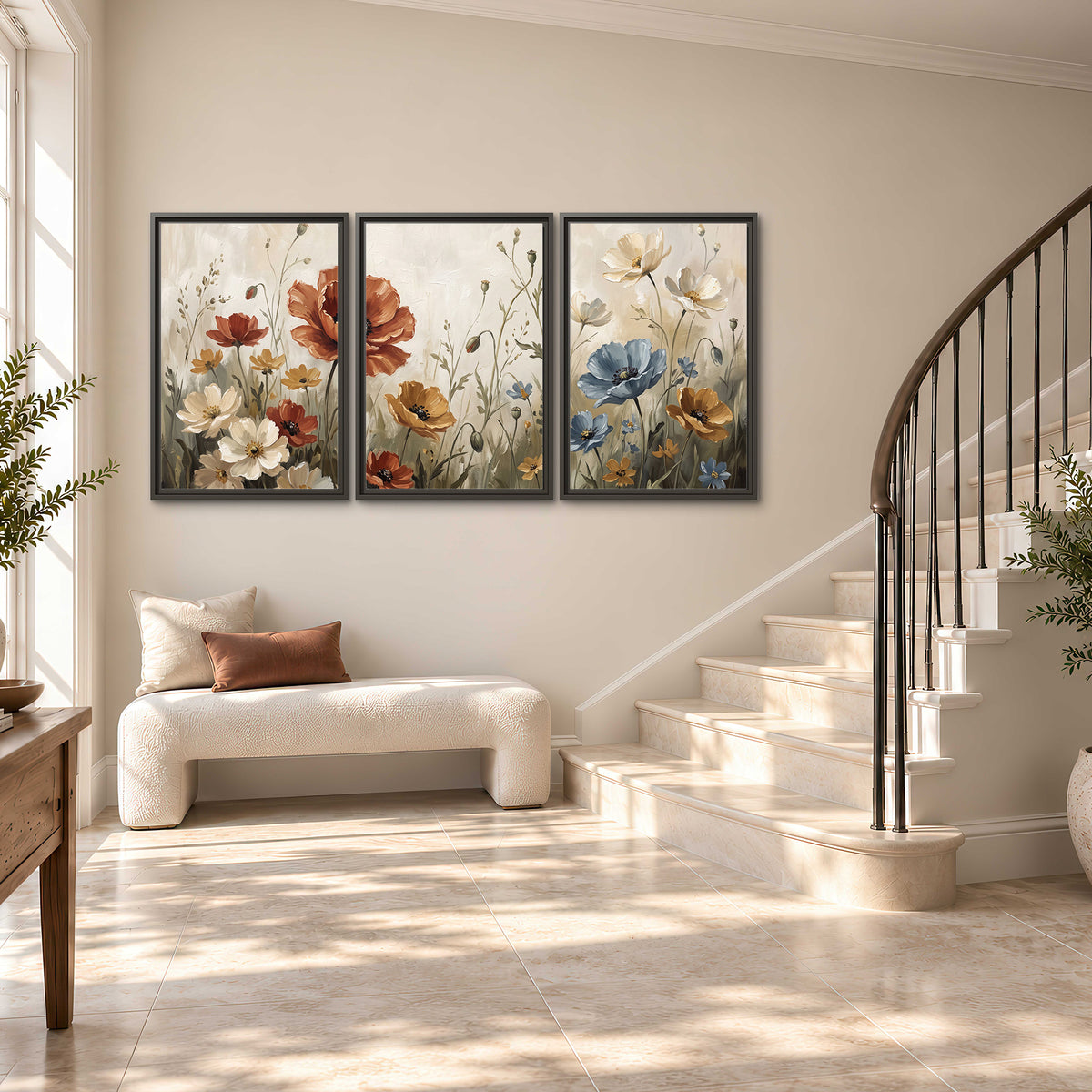 Rust red, pale blue and ivory flowers with delicate meadow stems 3 piece framed canvas wall art styled in an interior