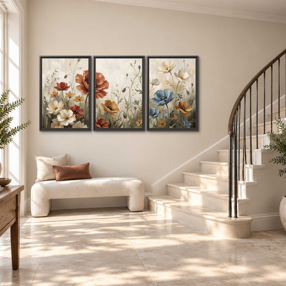 Rust red, pale blue and ivory flowers with delicate meadow stems 3 piece framed canvas wall art styled in an interior