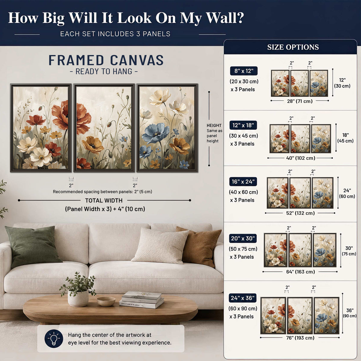 Rust red, pale blue and ivory flowers with delicate meadow stems 3 piece framed canvas wall art size guide above a sofa; room view is illustrative