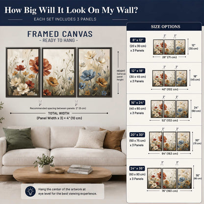 Rust red, pale blue and ivory flowers with delicate meadow stems 3 piece framed canvas wall art size guide above a sofa; room view is illustrative