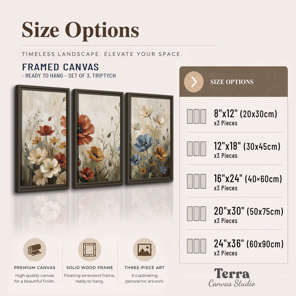 Rust red, pale blue and ivory flowers with delicate meadow stems 3 piece framed canvas wall art available dimensions; triptych dimensions are per panel