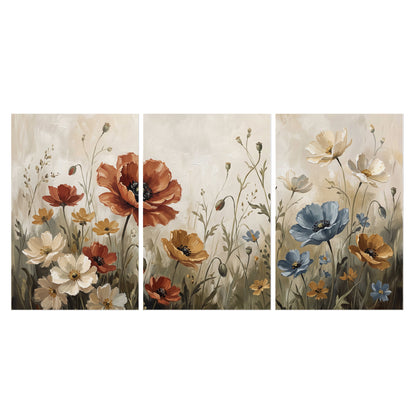 Rust red, pale blue and ivory flowers with delicate meadow stems set of 3 poster prints viewed straight on