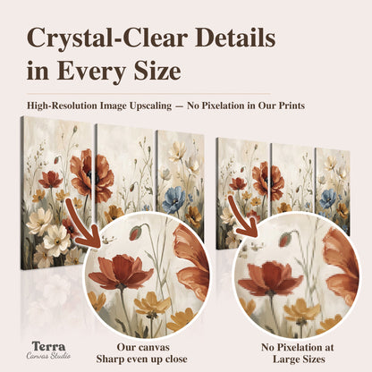 Rust red, pale blue and ivory flowers with delicate meadow stems artwork quality information