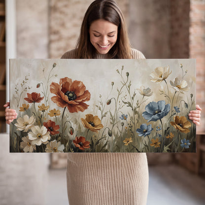 Rust red, pale blue and ivory flowers with delicate meadow stems single canvas wall art held in hands
