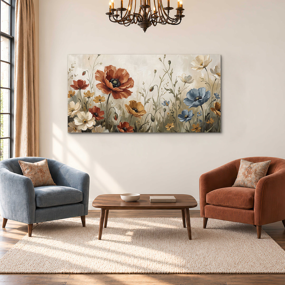 Rust red, pale blue and ivory flowers with delicate meadow stems single canvas wall art styled in an interior