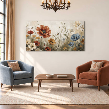 Rust red, pale blue and ivory flowers with delicate meadow stems single canvas wall art styled in an interior