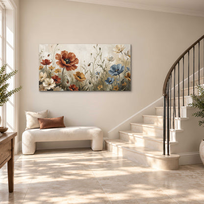 Rust red, pale blue and ivory flowers with delicate meadow stems single canvas wall art styled in an interior
