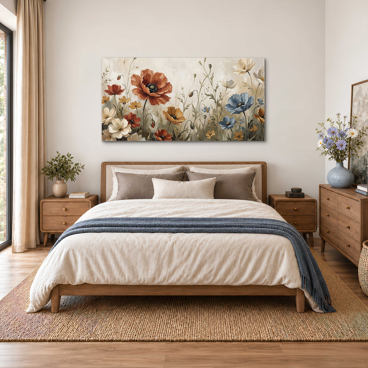 Rust red, pale blue and ivory flowers with delicate meadow stems single canvas wall art styled in an interior