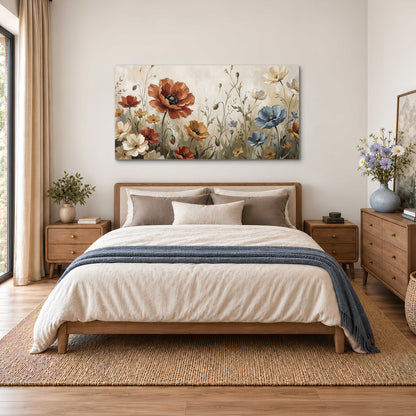 Rust red, pale blue and ivory flowers with delicate meadow stems single canvas wall art styled in an interior