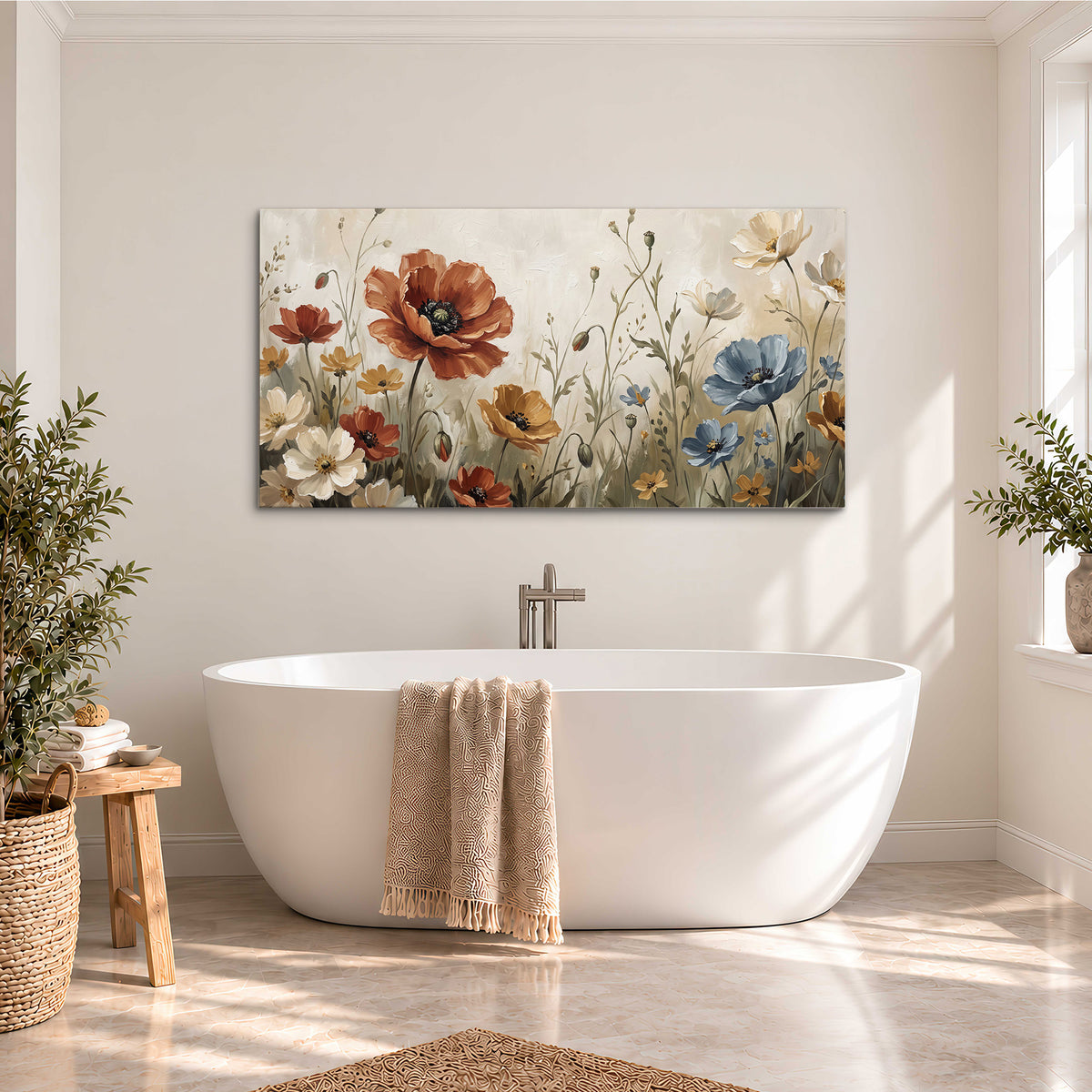 Rust red, pale blue and ivory flowers with delicate meadow stems single canvas wall art styled in an interior