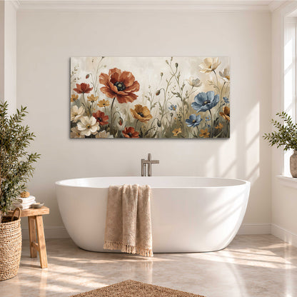 Rust red, pale blue and ivory flowers with delicate meadow stems single canvas wall art styled in an interior