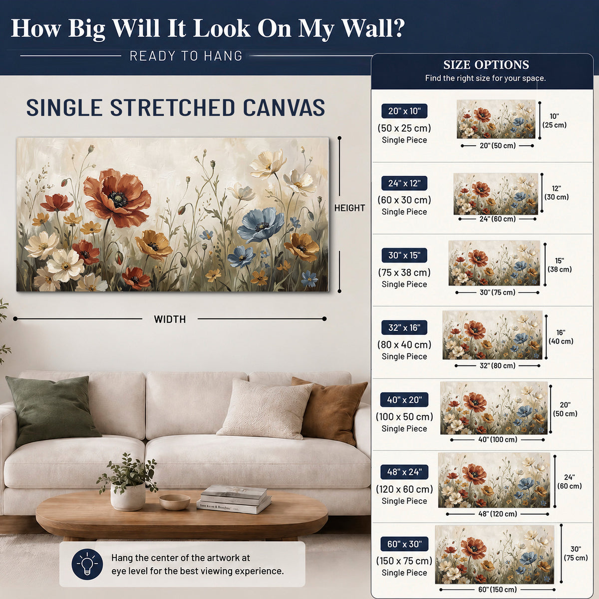 Rust red, pale blue and ivory flowers with delicate meadow stems single canvas wall art size guide above a sofa; room view is illustrative