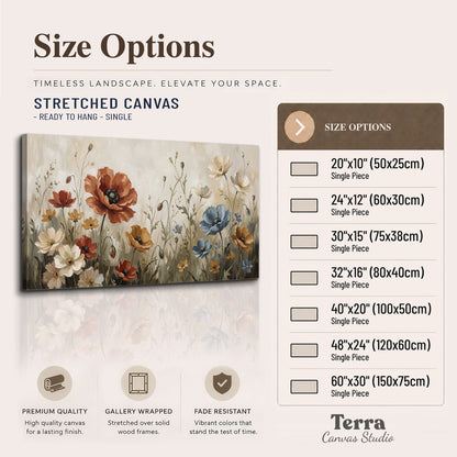 Rust red, pale blue and ivory flowers with delicate meadow stems single canvas wall art available dimensions