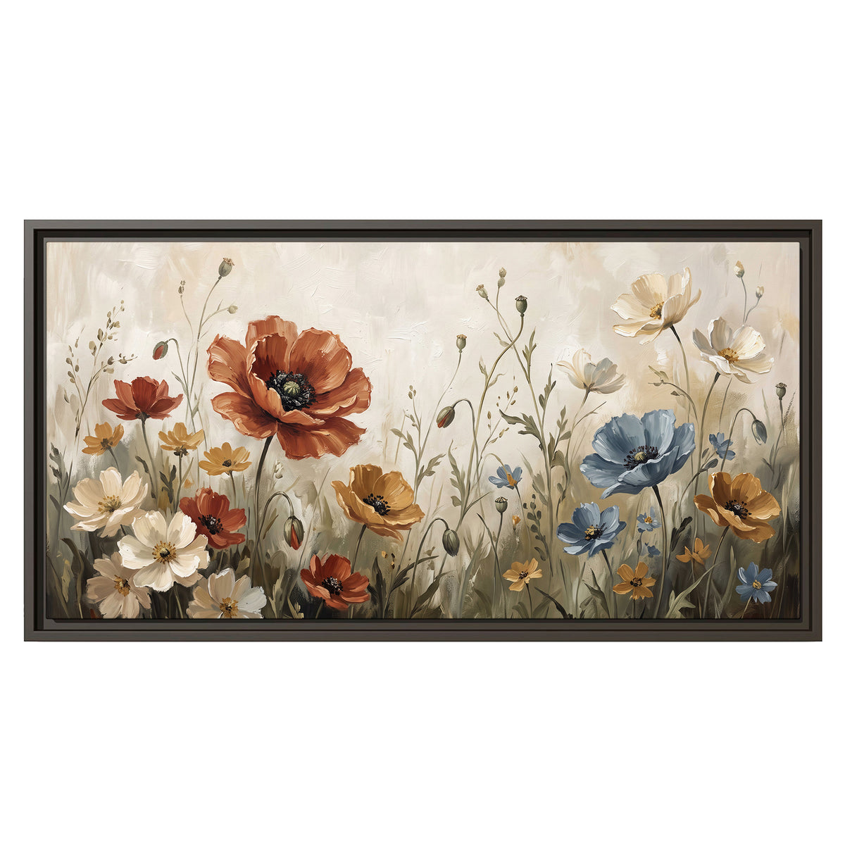 Rust red, pale blue and ivory flowers with delicate meadow stems single framed canvas wall art viewed straight on