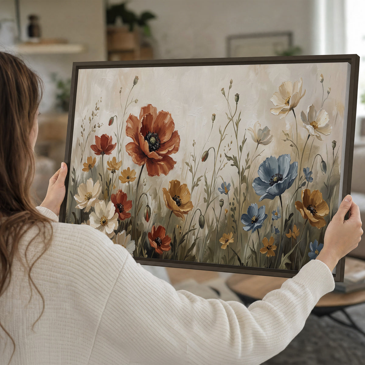 Rust red, pale blue and ivory flowers with delicate meadow stems single framed canvas wall art held in hands