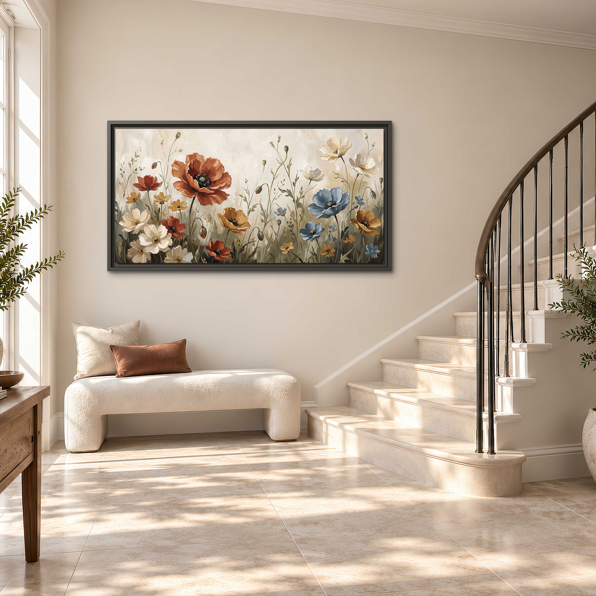 Rust red, pale blue and ivory flowers with delicate meadow stems single framed canvas wall art styled in an interior