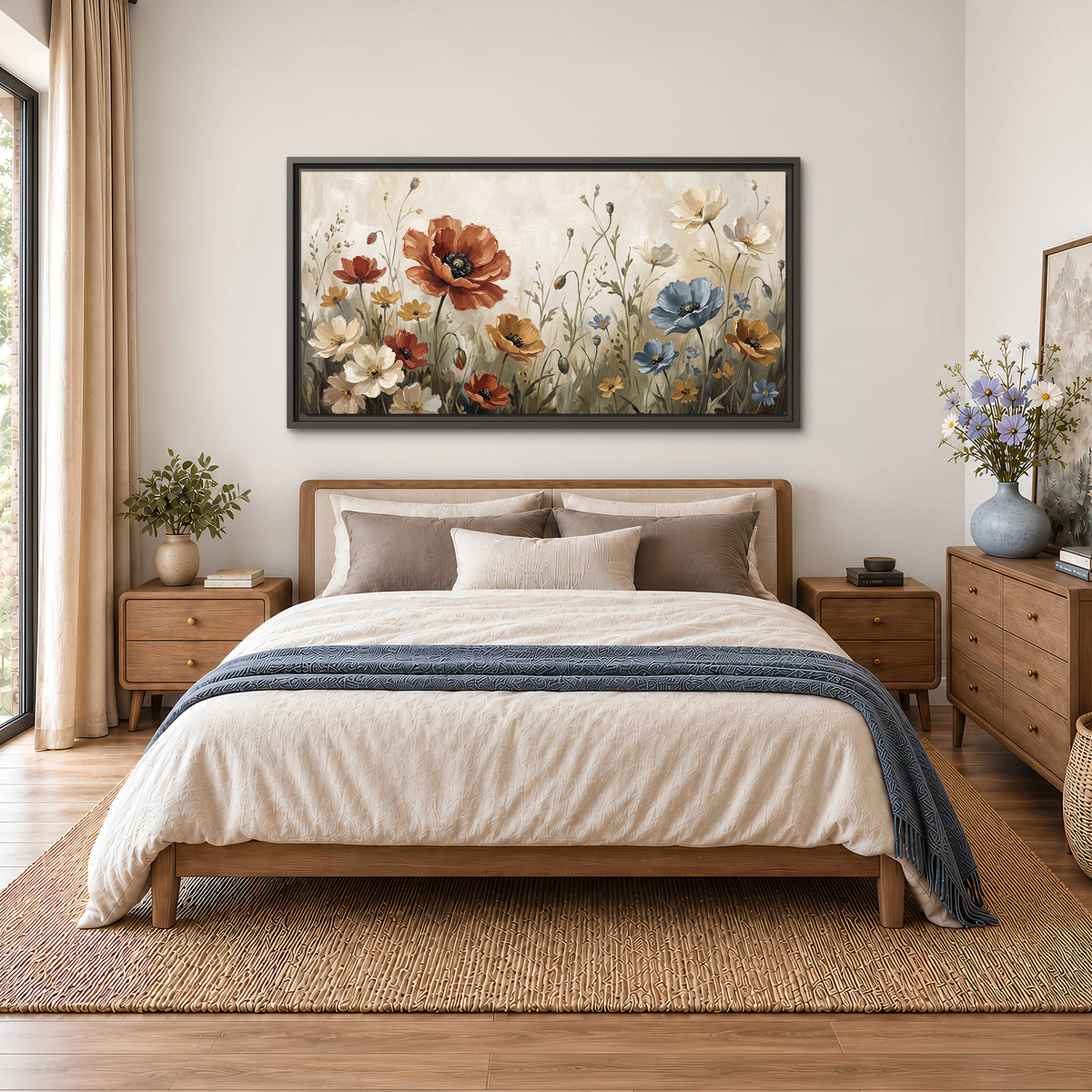 Rust red, pale blue and ivory flowers with delicate meadow stems single framed canvas wall art styled in an interior