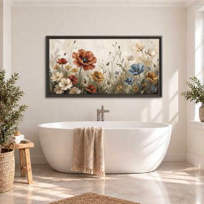 Rust red, pale blue and ivory flowers with delicate meadow stems single framed canvas wall art styled in an interior