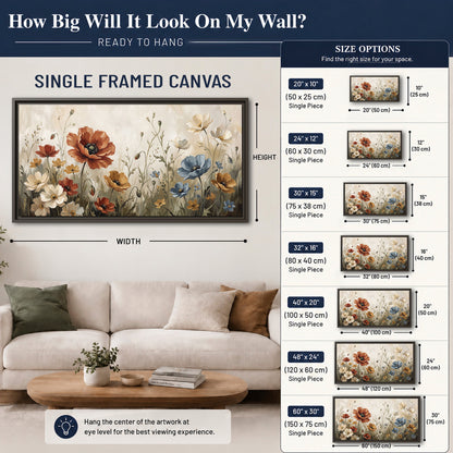 Rust red, pale blue and ivory flowers with delicate meadow stems single framed canvas wall art size guide above a sofa; room view is illustrative