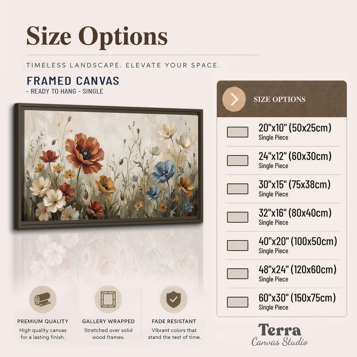 Rust red, pale blue and ivory flowers with delicate meadow stems single framed canvas wall art available dimensions