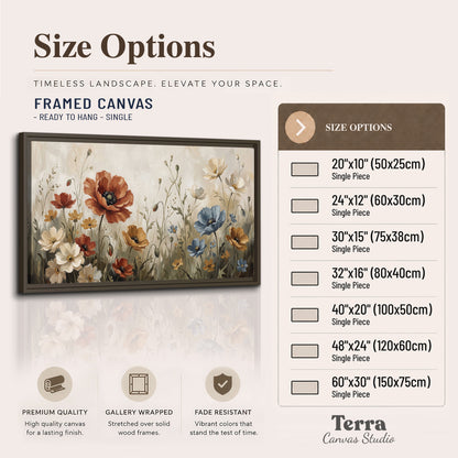 Rust red, pale blue and ivory flowers with delicate meadow stems single framed canvas wall art available dimensions