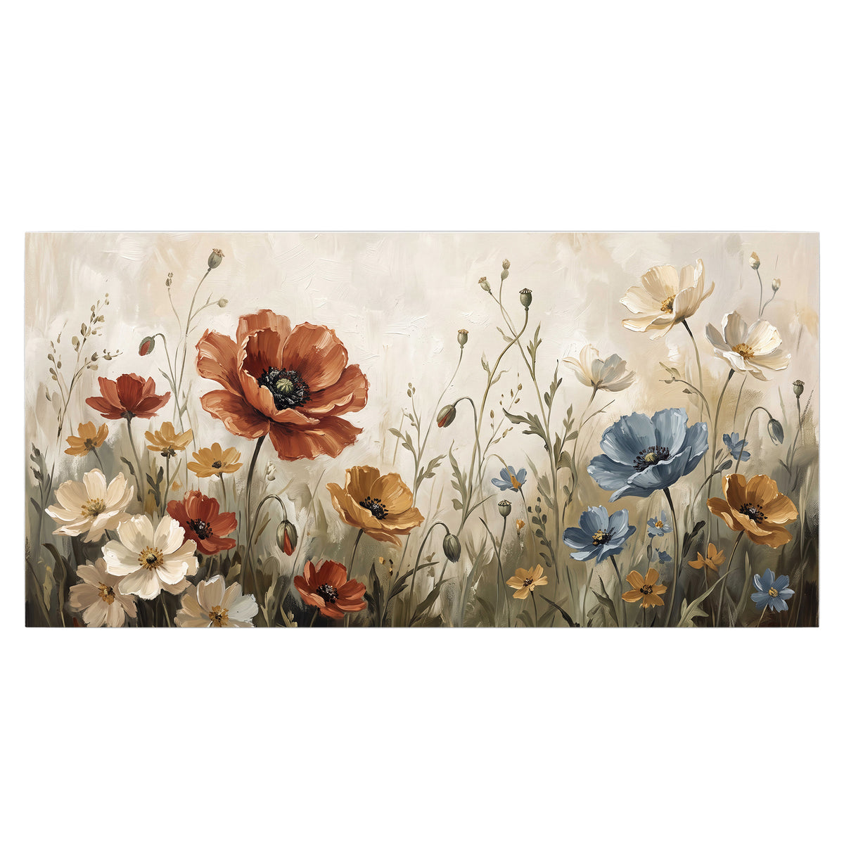 Rust red, pale blue and ivory flowers with delicate meadow stems single poster print viewed straight on