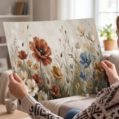 Rust red, pale blue and ivory flowers with delicate meadow stems single poster print held in hands