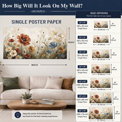 Rust red, pale blue and ivory flowers with delicate meadow stems single poster print size guide above a sofa; room view is illustrative