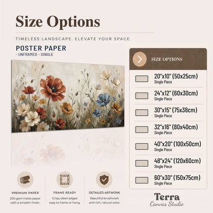 Rust red, pale blue and ivory flowers with delicate meadow stems single poster print available dimensions
