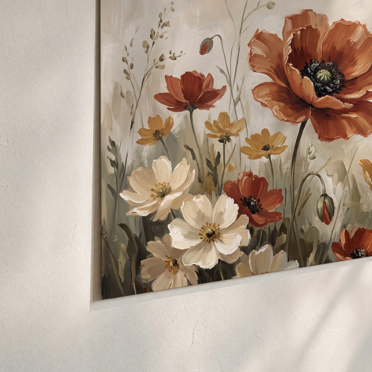 Rust red, pale blue and ivory flowers with delicate meadow stems set of 3 poster prints material and edge close up