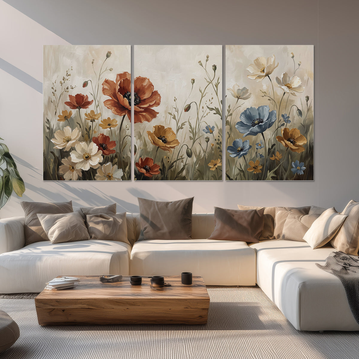 Rust red, pale blue and ivory flowers with delicate meadow stems set of 3 poster prints displayed in a living room