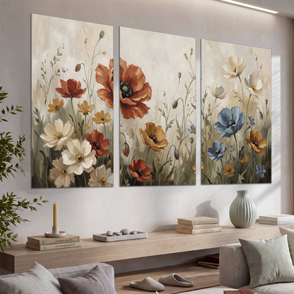 Rust red, pale blue and ivory flowers with delicate meadow stems set of 3 poster prints displayed in a console