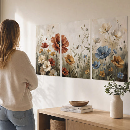 Rust red, pale blue and ivory flowers with delicate meadow stems set of 3 poster prints three panel arrangement on a wall