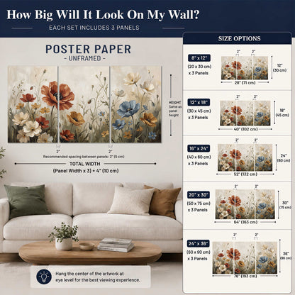 Rust red, pale blue and ivory flowers with delicate meadow stems set of 3 poster prints size guide above a sofa; room view is illustrative