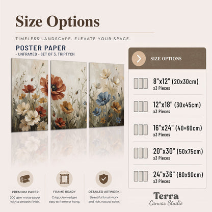 Rust red, pale blue and ivory flowers with delicate meadow stems set of 3 poster prints available dimensions; triptych dimensions are per panel