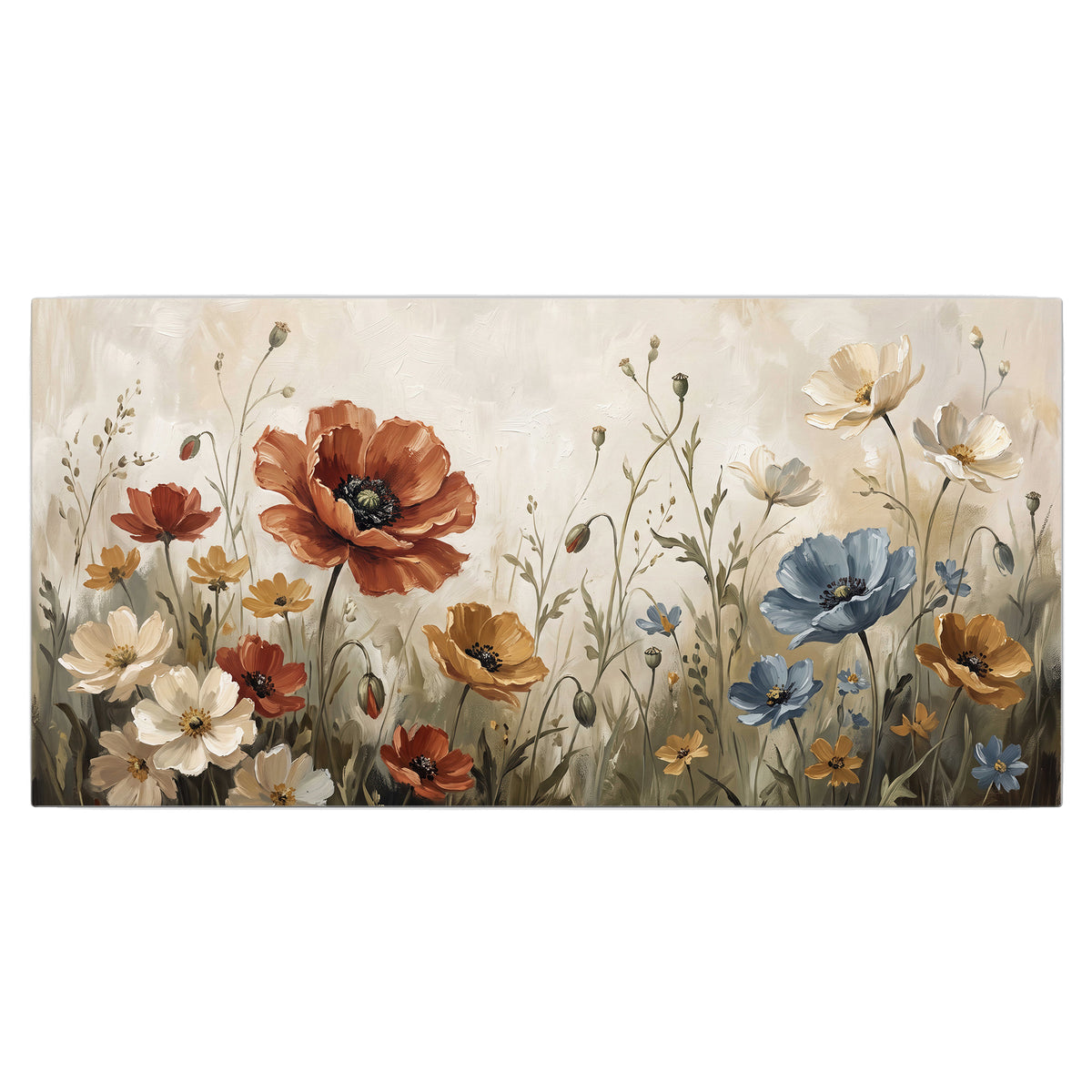 Rust red, pale blue and ivory flowers with delicate meadow stems single canvas wall art viewed straight on