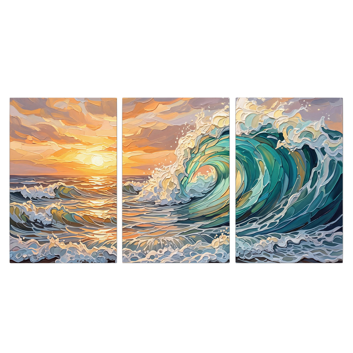 A curling turquoise ocean wave beneath a warm orange sunset 3 piece canvas wall art viewed straight on