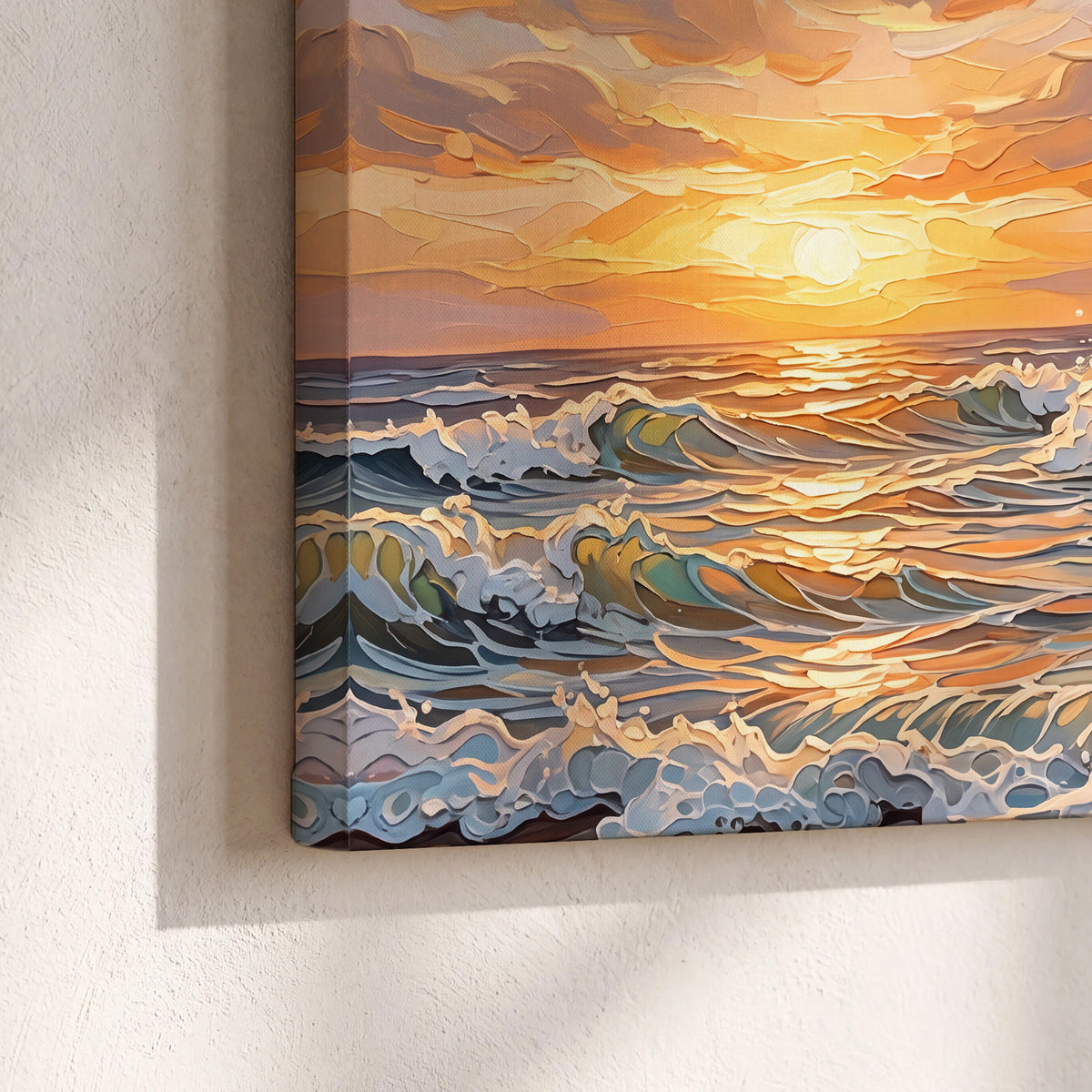 A curling turquoise ocean wave beneath a warm orange sunset 3 piece canvas wall art material and edge close up