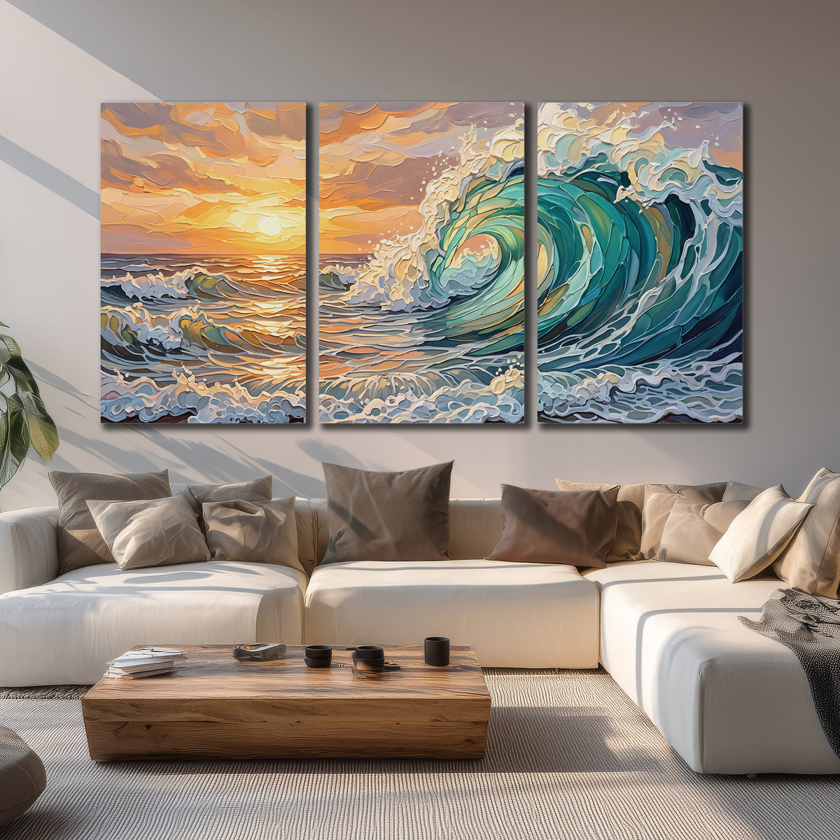 A curling turquoise ocean wave beneath a warm orange sunset 3 piece canvas wall art displayed in a living room