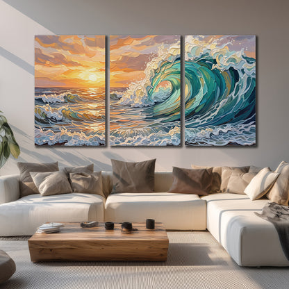 A curling turquoise ocean wave beneath a warm orange sunset 3 piece canvas wall art displayed in a living room