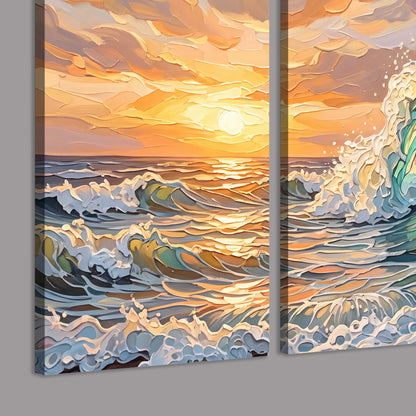 A curling turquoise ocean wave beneath a warm orange sunset 3 piece canvas wall art room and product view
