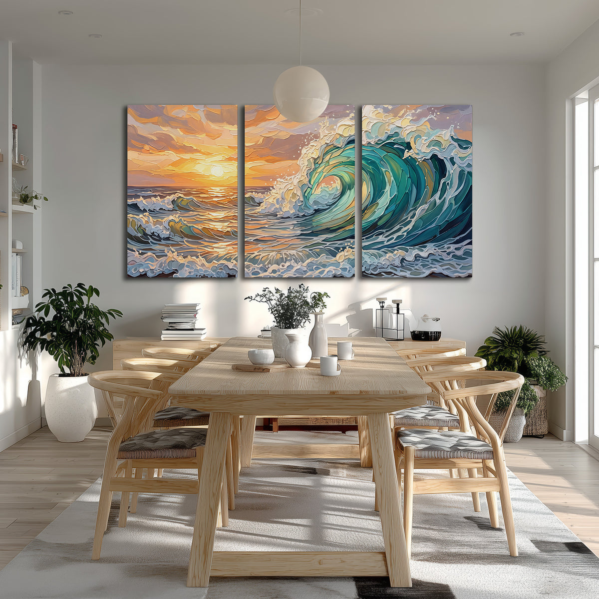A curling turquoise ocean wave beneath a warm orange sunset 3 piece canvas wall art room and product view
