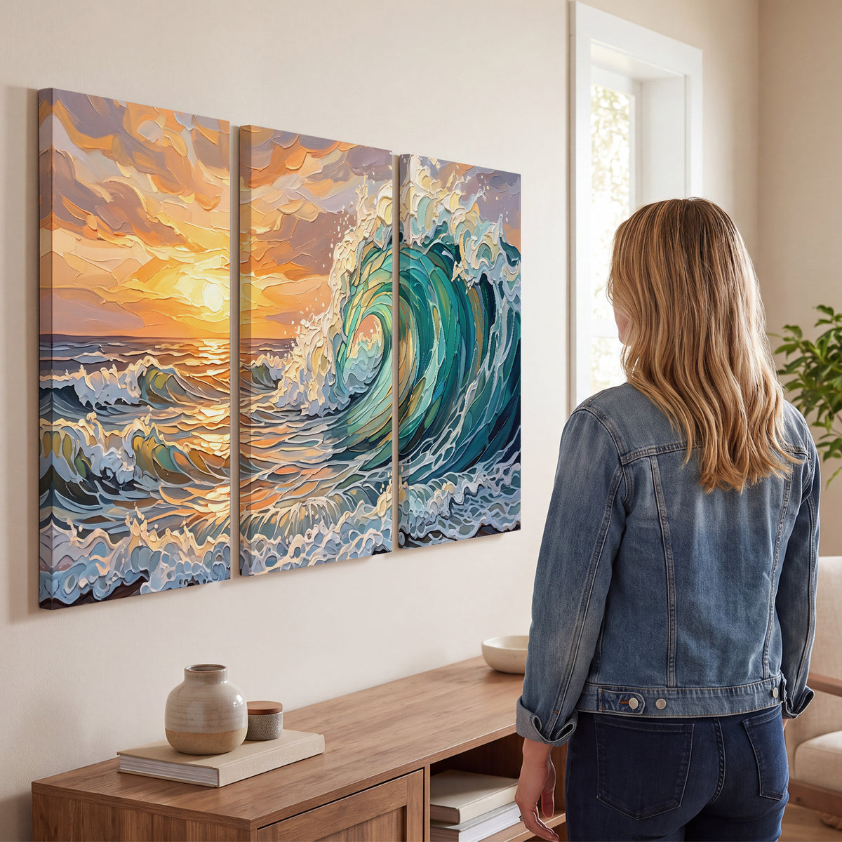 A curling turquoise ocean wave beneath a warm orange sunset 3 piece canvas wall art three panel arrangement on a wall
