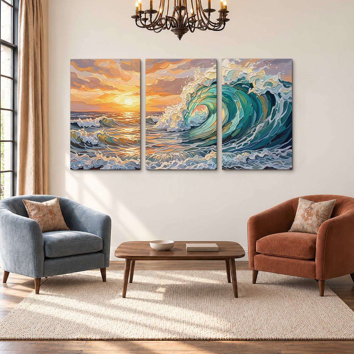 A curling turquoise ocean wave beneath a warm orange sunset 3 piece canvas wall art styled in an interior
