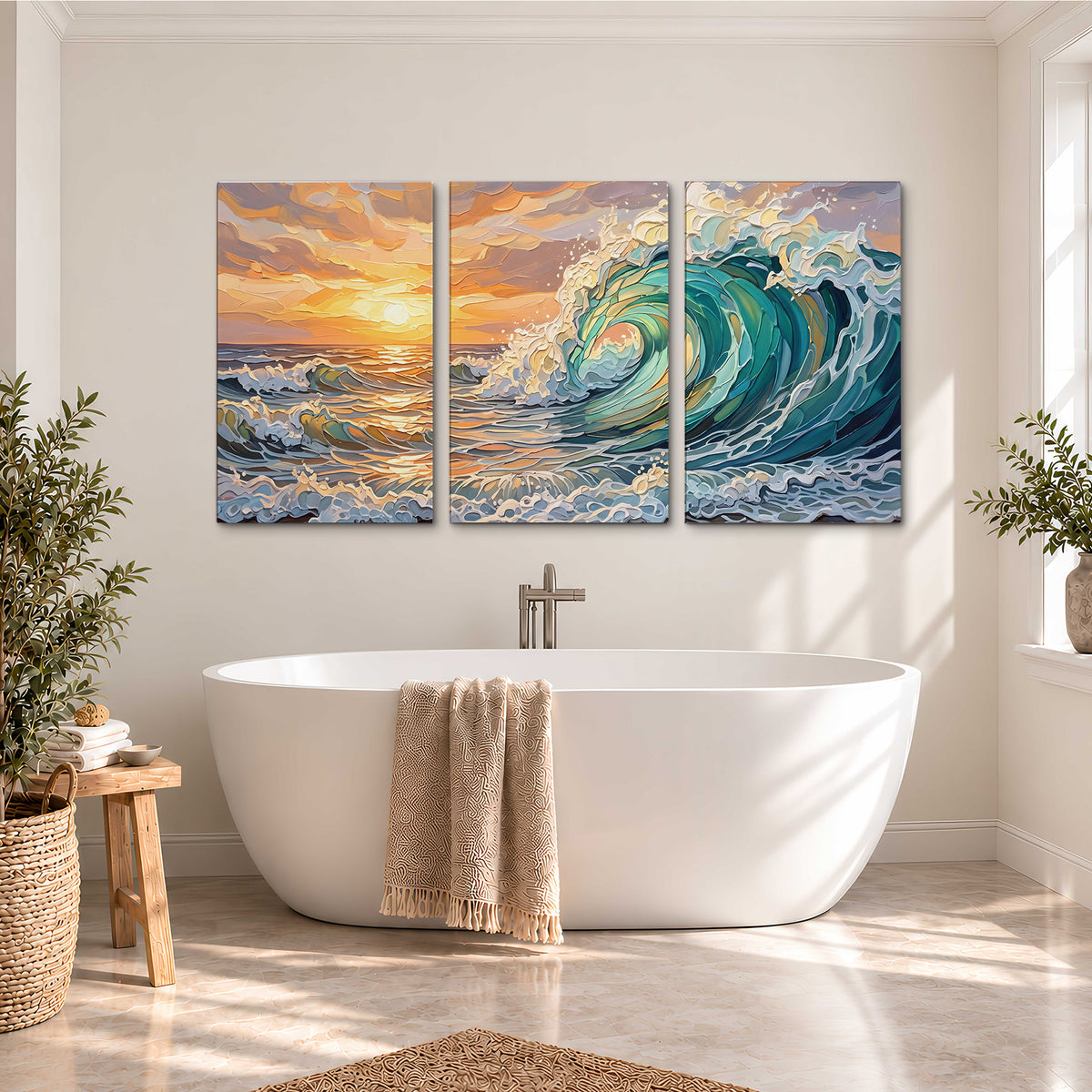 A curling turquoise ocean wave beneath a warm orange sunset 3 piece canvas wall art styled in an interior