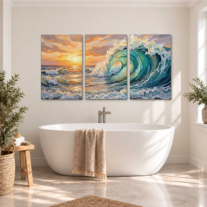 A curling turquoise ocean wave beneath a warm orange sunset 3 piece canvas wall art styled in an interior
