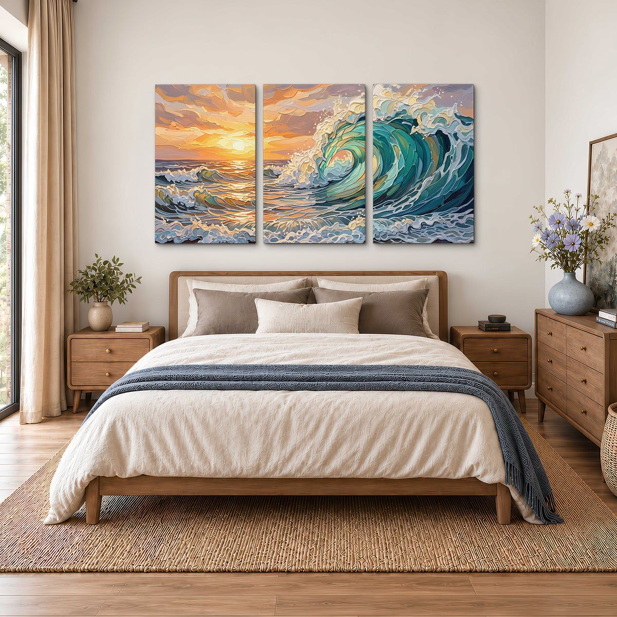 A curling turquoise ocean wave beneath a warm orange sunset 3 piece canvas wall art styled in an interior