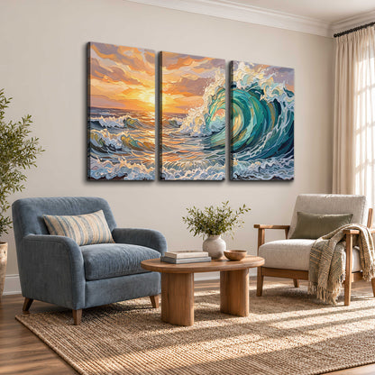 A curling turquoise ocean wave beneath a warm orange sunset 3 piece canvas wall art styled in an interior