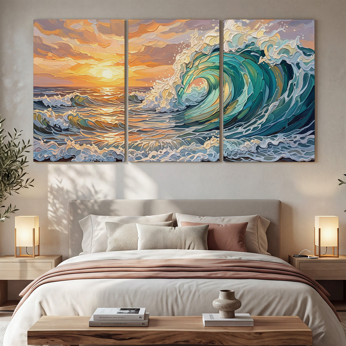 A curling turquoise ocean wave beneath a warm orange sunset 3 piece canvas wall art displayed in a bedroom